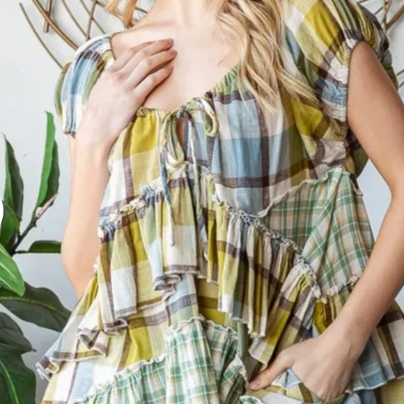 Oli & Hali Plaid Ruffle Short Sleeve Babydoll Top NEW Fall Vibes - Picture 9 of 9